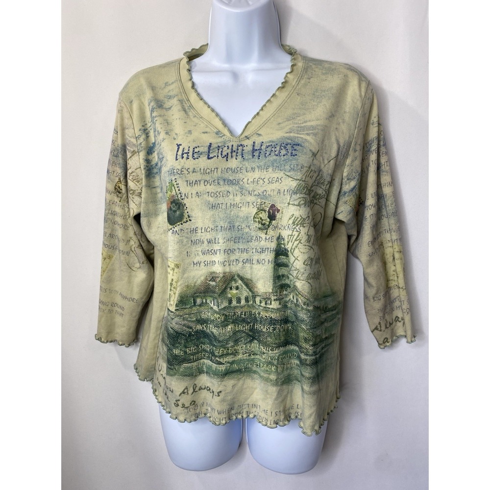 Cactus Women's Shirt Size XL The Lighthouse Sequins All Over Print 3/4 Sleeves